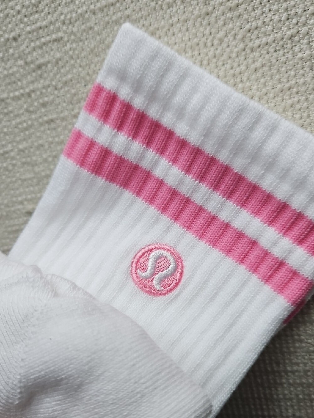 lululemon athletica White Crew Socks with Pink Stripe and Logo - Picture 7 of 9